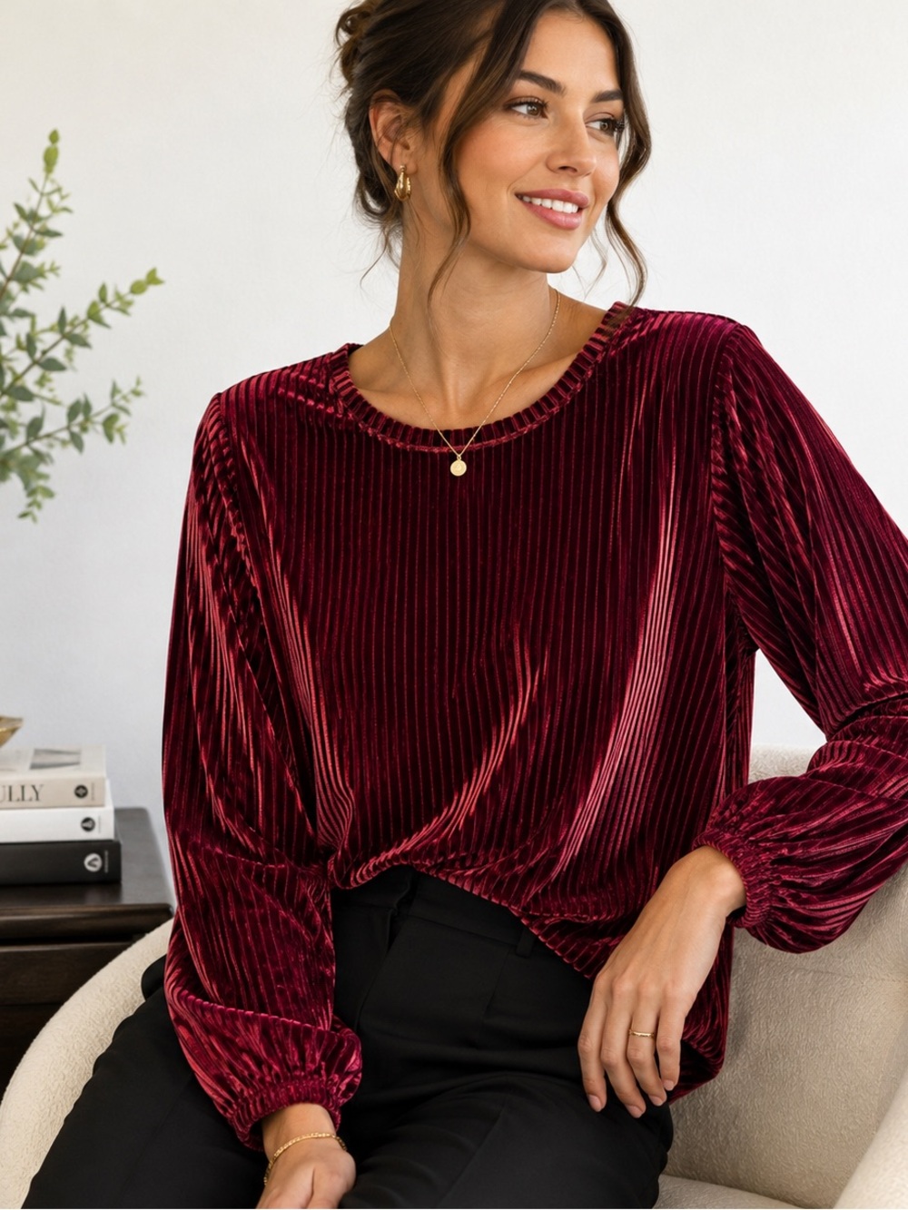 Cato Burgundy Ribbed Velvet Balloon Sleeve Stretch Top L